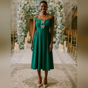 Self Portrait Crystal Bow Green Heavy Crepe Midi Dress